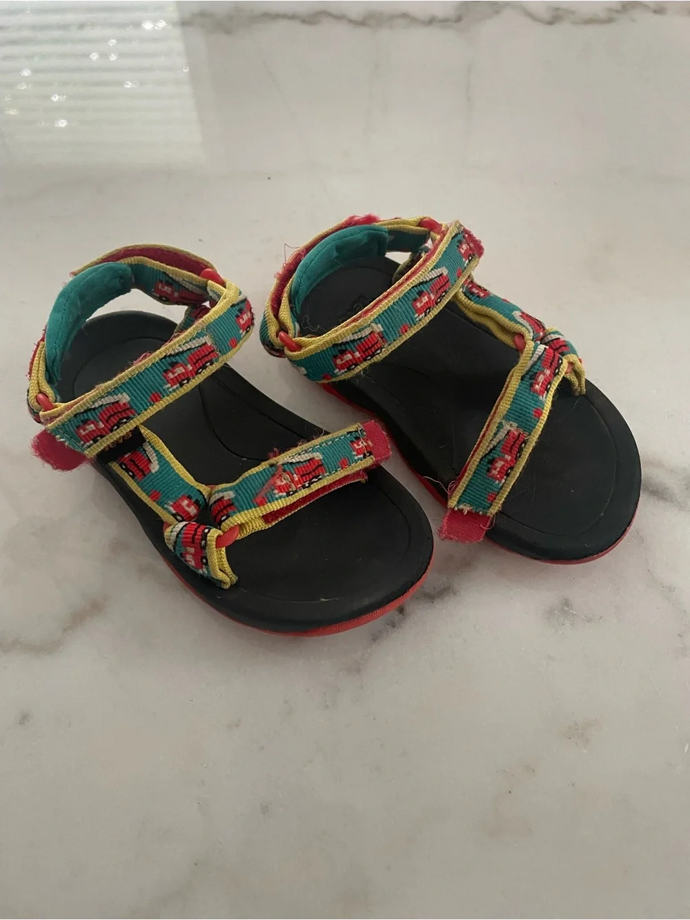Teva Kids 9.5 Teal and Red Strap Sandals with Firetruck Print #0208